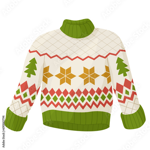 Warm autumn knitted sweater with a colorful print. Christmas clothes. Late autumn or winter. Festive mood. Vector illustration isolated on white background.