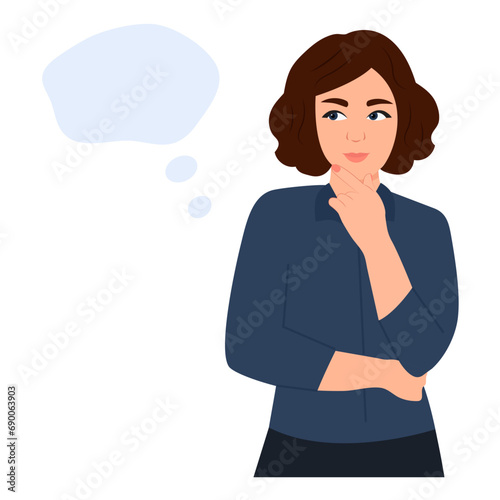 Woman with curious or pensive face standing with thought bubble. Concept of thinking, decision, business problem solving, considered gesture. Flat vector illustration.