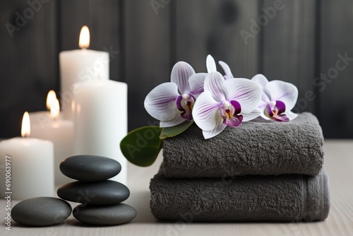 Spa setting with fluffy grey rolled up towels, candles and white orchid flower on the wooden table