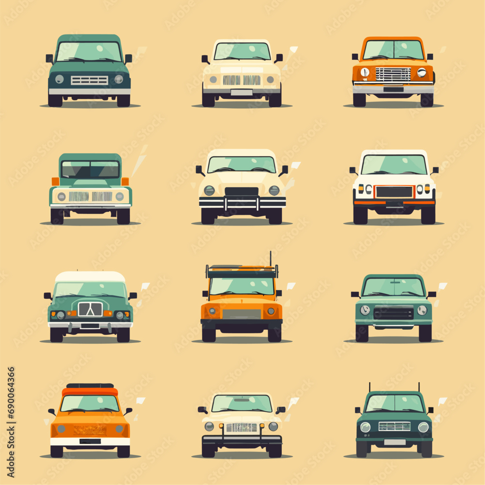 Flat cars set. Taxi and minivan, cabriolet and pickup. Bus and suv, truck. Urban, city cars and vehicles transport vector flat icons. Cabriolet and truck, car and bus, automobile pickup illustration