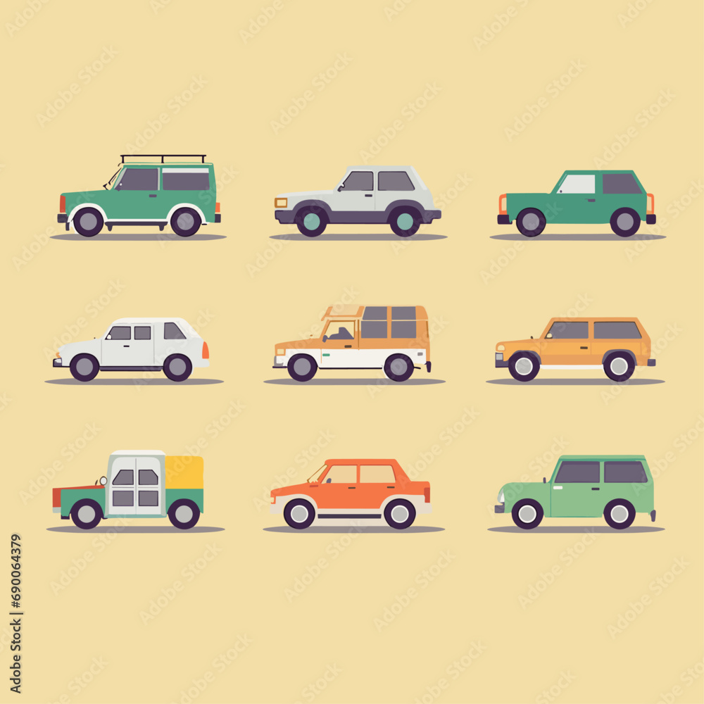 Flat cars set. Taxi and minivan, cabriolet and pickup. Bus and suv, truck. Urban, city cars and vehicles transport vector flat icons. Cabriolet and truck, car and bus, automobile pickup illustration