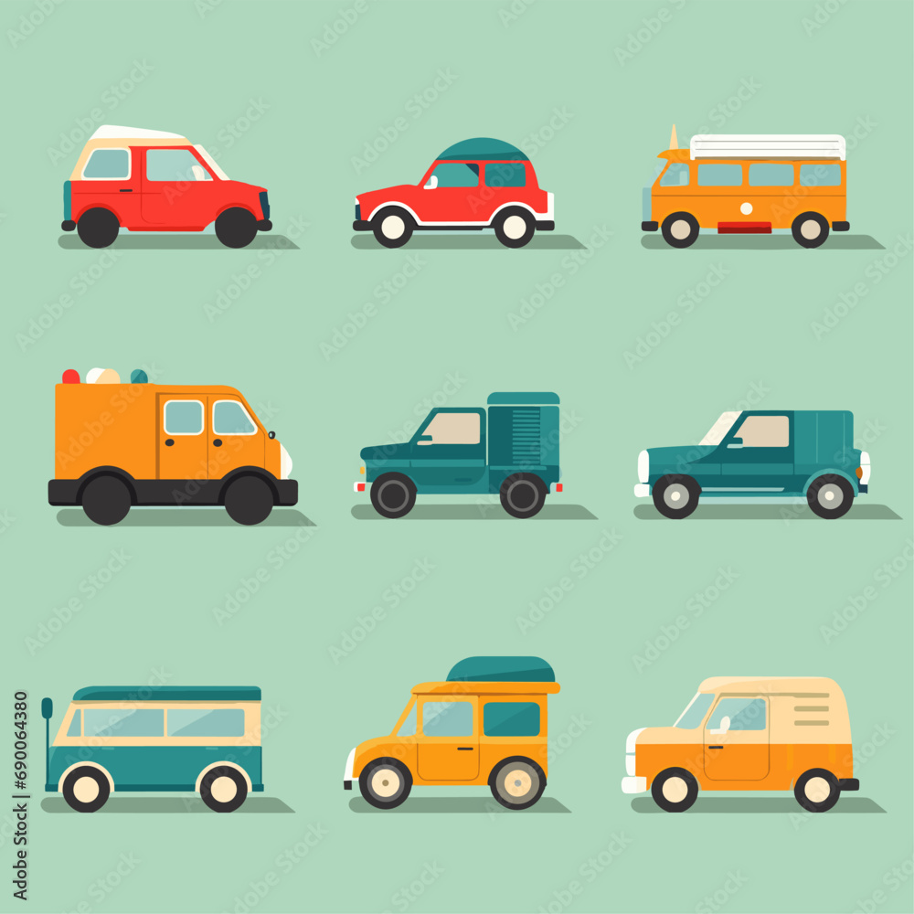 Flat cars set. Taxi and minivan, cabriolet and pickup. Bus and suv, truck. Urban, city cars and vehicles transport vector flat icons. Cabriolet and truck, car and bus, automobile pickup illustration