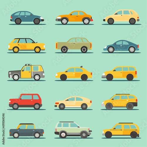 Flat cars set. Taxi and minivan, cabriolet and pickup. Bus and suv, truck. Urban, city cars and vehicles transport vector flat icons. Cabriolet and truck, car and bus, automobile pickup illustration