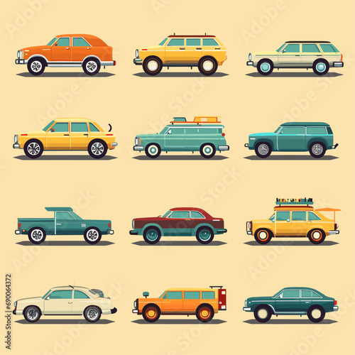 Flat cars set. Taxi and minivan  cabriolet and pickup. Bus and suv  truck. Urban  city cars and vehicles transport vector flat icons. Cabriolet and truck  car and bus  automobile pickup illustration