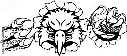 An eagle ice hockey player animal sports mascot holding a puck