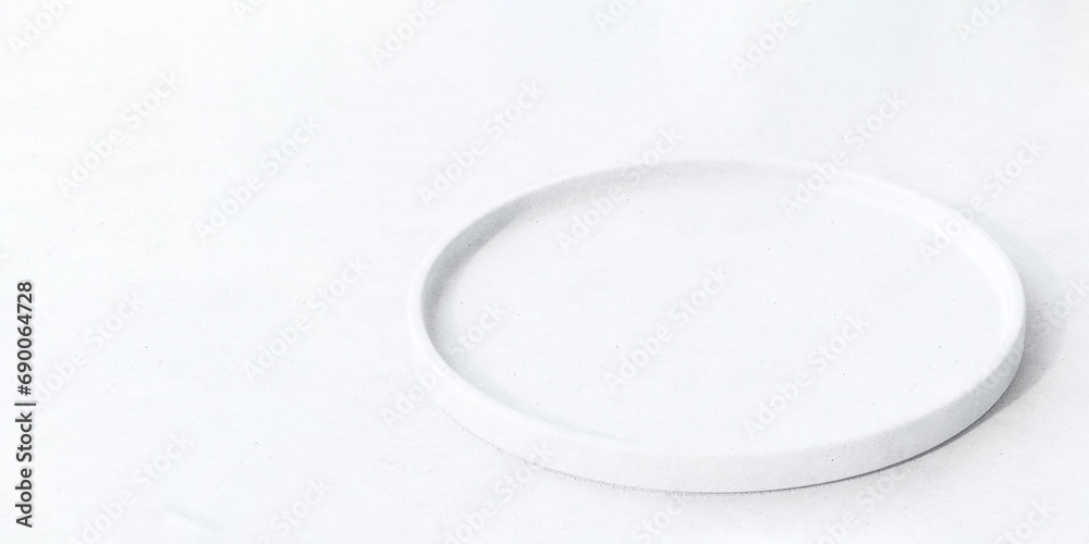 Modern round white concrete plate shape podium on table counter in sunlight for luxury organic cosmetic, skincare, beauty, body, hair care, food, drink product display background 3D Modern round white concrete plate shape podium on table counter in sunlight for luxury organic cosmetic, skincare, beauty, body, hair care, food, drink product display background 3D
