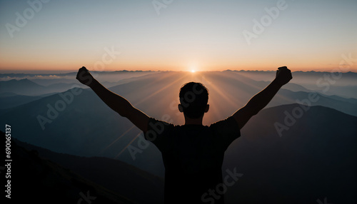 The man standing and arms up on top mountain.