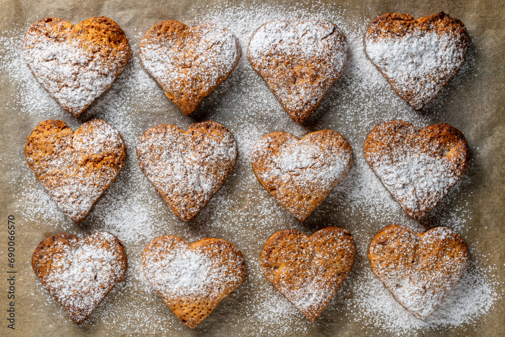 Home made heart shaped shortbread cookies on baking tray Home made heart shaped shortbread cookies on baking tray