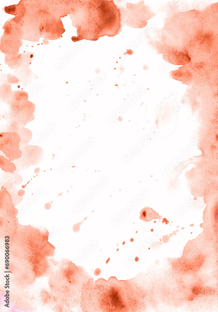 Vertical frame of watercolor stains and drops. White copy space. Watercolor blur. Peach fuzz color. Color of the year 2024. Various shades. Light drops in place for text. Postcard, certificate, etc.