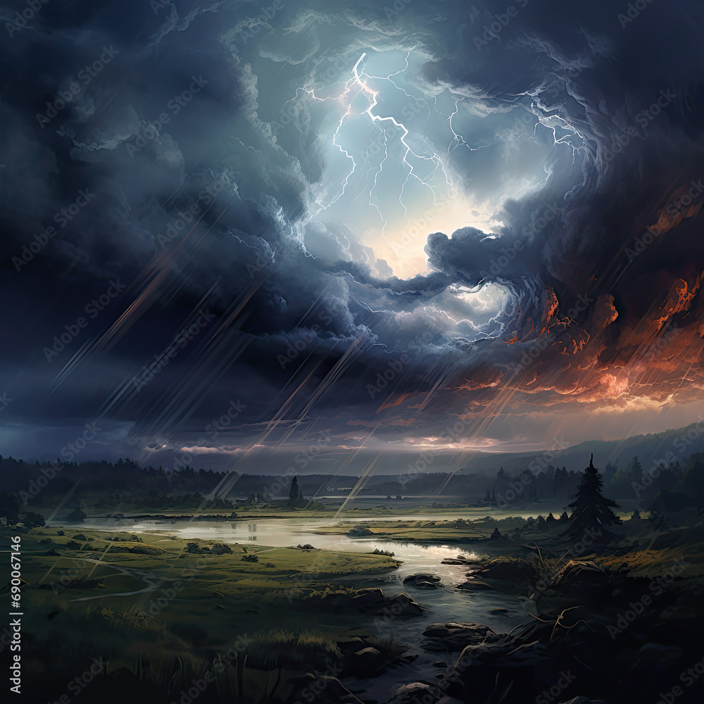 A dramatic digital painting capturing a thunderstorm brewing over a vast