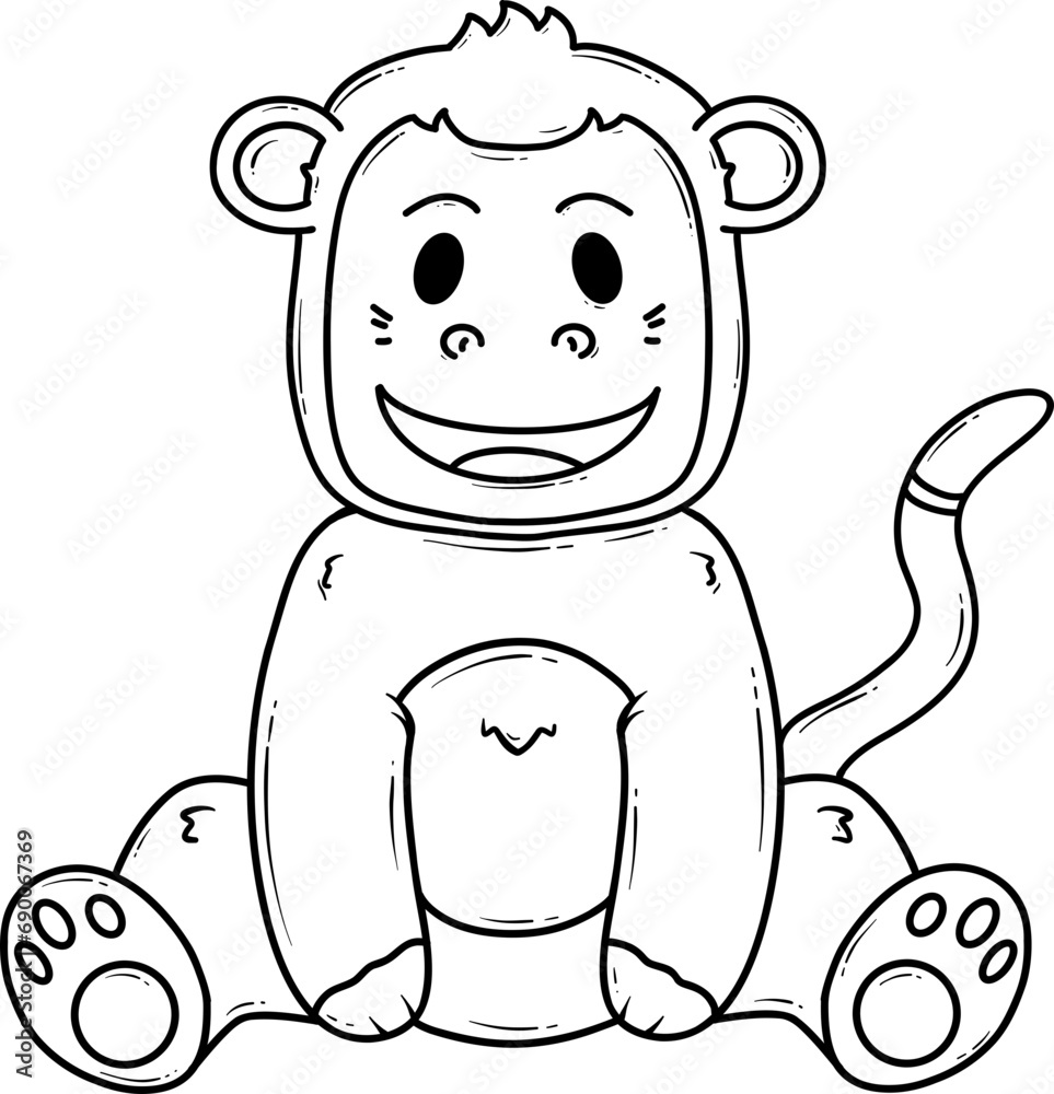 Black and white line art of a cute cartoon monkey sitting and smiling Black and white line art of a cute cartoon monkey sitting and smiling