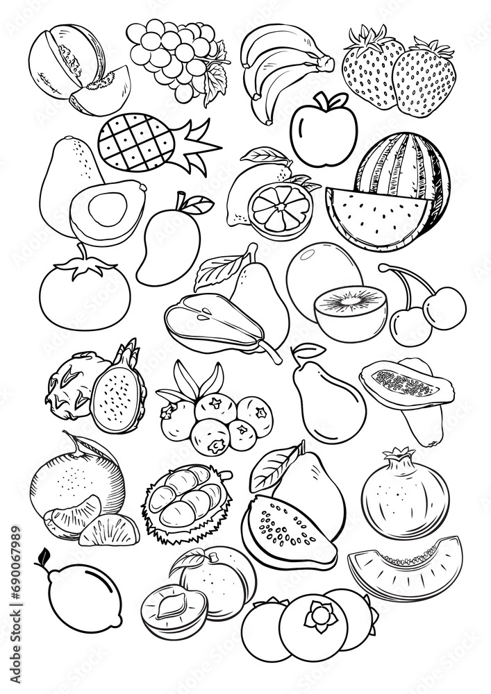 Doodle coloring page of fruits