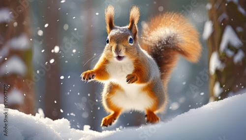 A happy squirrel leaps in excitement, playfully welcoming the onset of winter. Its lively antics captivate, representing the amusing and natural shifts between seasons © Tatiana