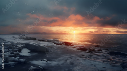realistic old photo of a cold beach in winter at sunset  Generate AI