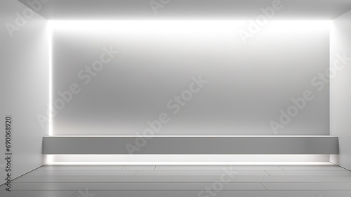 Modern showcase mock-up with minimalist design, elegant white panels, hidden lighting and shadows