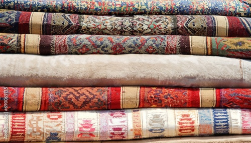 Large stacks of oriental Persian rugs in a store, Bright various oriental rugs and carpets stacked for display, various oriental rugs and carpets stacked
