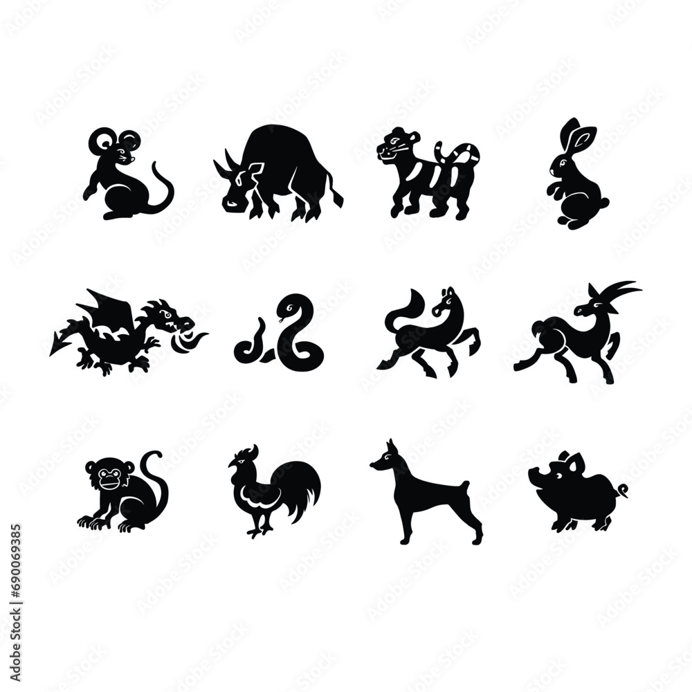 Fototapeta premium Set of eastern horoscope symbols silhouettes vector illustration