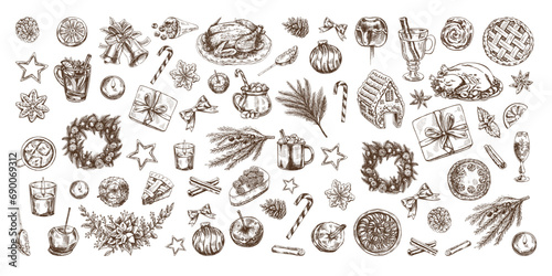 Hand-drawn Christmas set in sketch style. Festive decoration: wreath, gift, sweets, food, Christmas tree decor, drinks and spices sketches. Vintage design elements for winter holyday. Ingraved.
