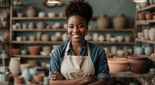 Young african american ceramic store or pottery shop owner standing and looking to camera