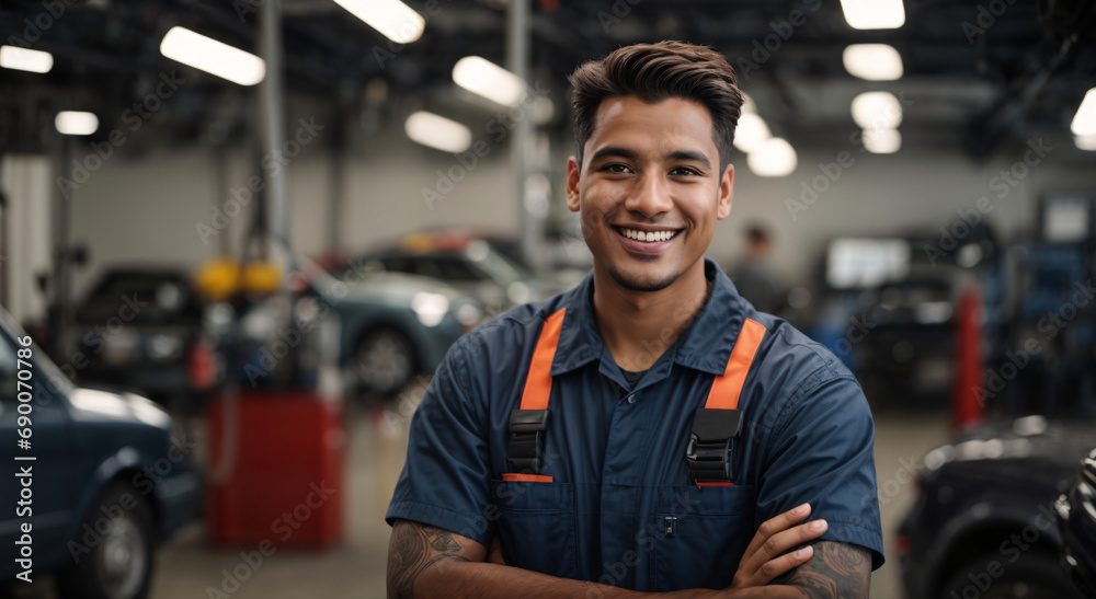 Young happy, smiling Professional car mechanic in auto repair service standing hand crossed and looking to camera copy space Young happy, smiling Professional car mechanic in auto repair service standing hand crossed and looking to camera copy space