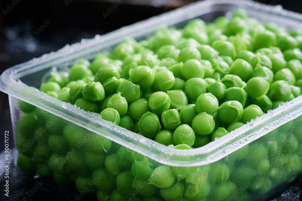 Melting frozen green peas in box. Healthy food vegetables concept