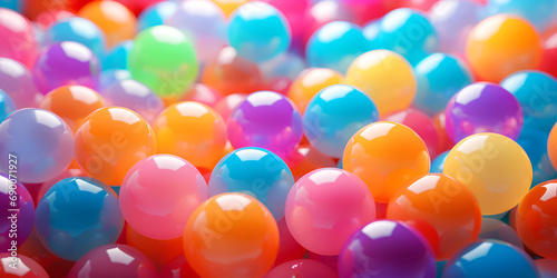 A ball pool with a cute stuffed animal peeking out, stands out from the rest, diversity concept, Colored plastic balls in a children's playroom 3d rendering, generative AI