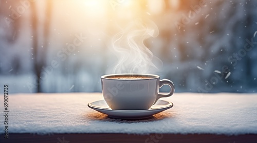 A cup of coffee in the winter snow photo