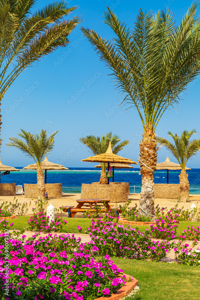 Beautiful hotel area on the Red Sea shore. Landscaping.
