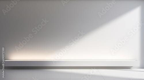 Illuminated, minimalist presentation mock up with white panels, hidden lighting and shadows