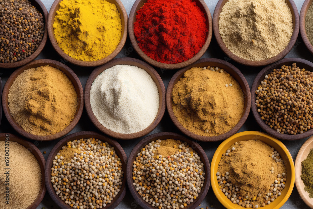 Spices and herbs in wooden bowls. Food and cuisine ingredients.  Generative AI