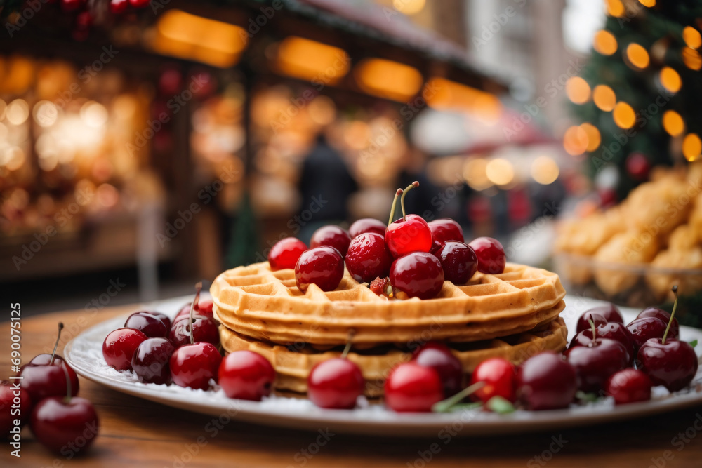 Fresh waffles with hot cherries on christmas market with copy space, blurry background
