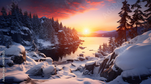 Picturesque winter landscape with fir trees