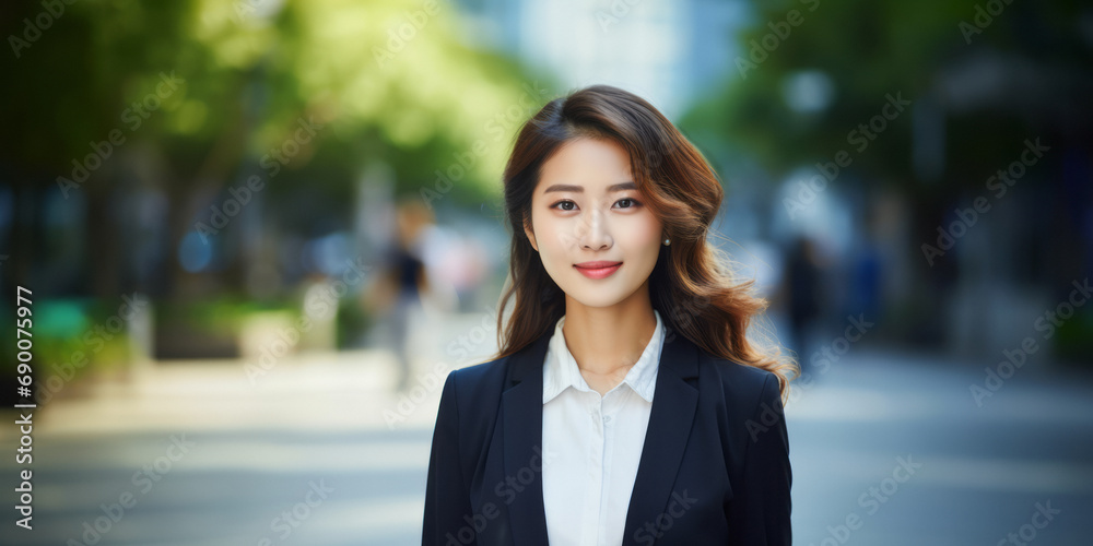 Beautiful Asian businesswoman in elegant suit against the wide backdrop of green park with a blurred background Beautiful Asian businesswoman in elegant suit against the wide backdrop of green park with a blurred background
