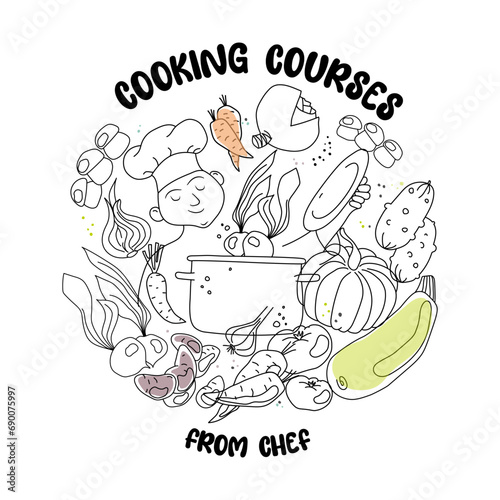 Chef with pan and vegetables as a logo for online cooking course. Hand-drawn vector illustration.