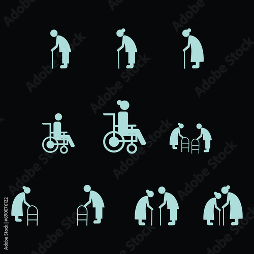 Elder people . Nursing home, happy old man exercising, patient support vector illustrations. Outline signs older citizens. Pixel perfect. Editable Strokes.