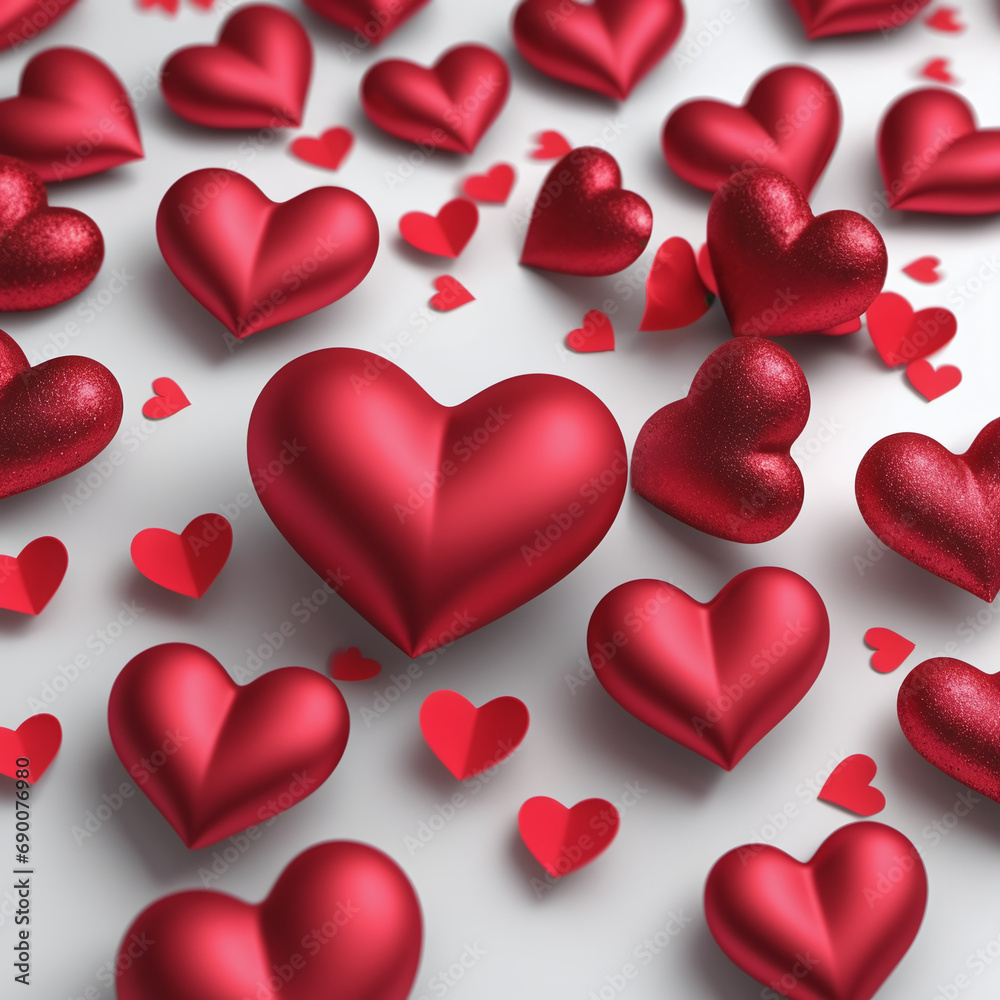 Valentine's Day hearts. Realistic 3d design, hearts with bright light decorative confetti. Romantic background, creative banner, web poster. illustration Valentine's Day hearts. Realistic 3d design, hearts with bright light decorative confetti. Romantic background, creative banner, web poster. illustration