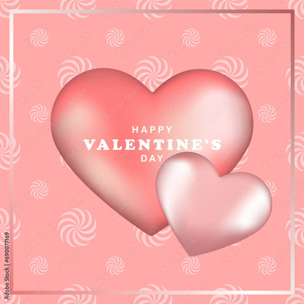 Cute square abstract Valentine's Day card with two 3D pink hearts. Love letter, cover.