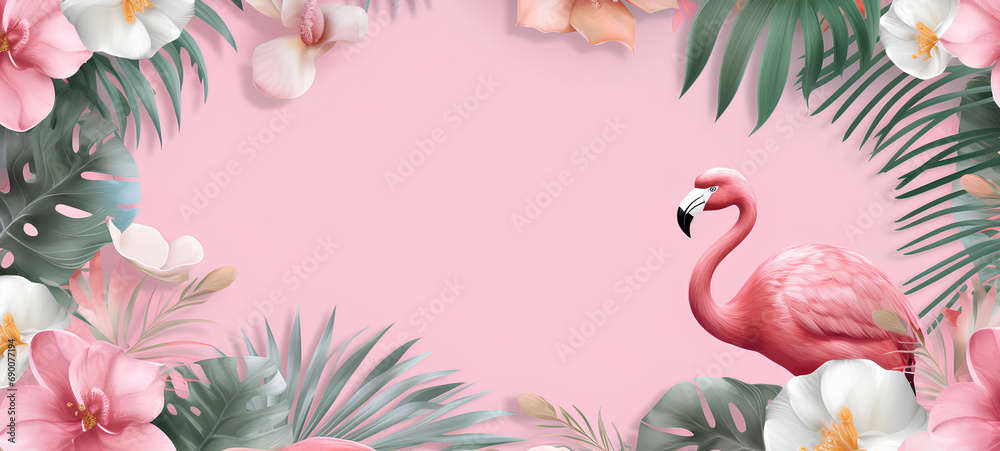 Postcard background in a tropical theme with the image of a flamingo. Postcard background in a tropical theme with the image of a flamingo.