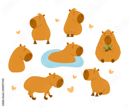 Cute Capybara animal collection. Isolated funny animal character rodent. Vector illustration in flat style. kids collection © Ludmila