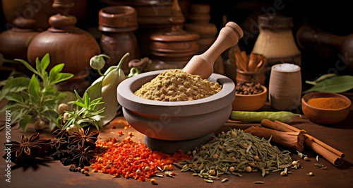 pestle in a mortar and various spices on a wooden table, ai generated,