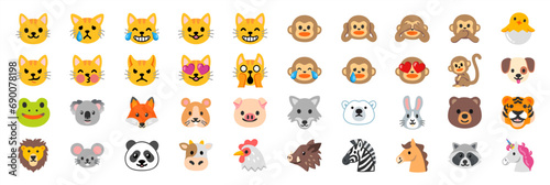 Set of animal faces, face emojis, stickers, emoticons. Vector illustration.