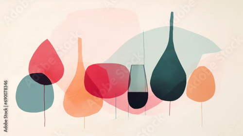 Wine bottles. Wine minimalistic illustrations. Wine Bottle and glass. Bright colors. Watercolor art