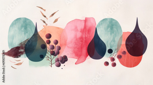 Wine art. Wine minimalistic illustrations. Wine Bottle and glass. Bright colors. Watercolor style