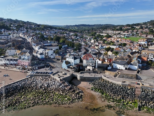 .Rocky sea defences Lyme Regis Dorset UK summer drone,aerial
