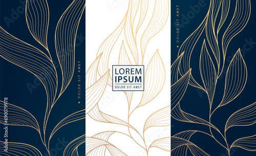 Vector set of floral gold design backgrounds, line luxury art deco leaves labels, frames, banners. Use for wine, cosmetic, lotion, soap, chocolate package