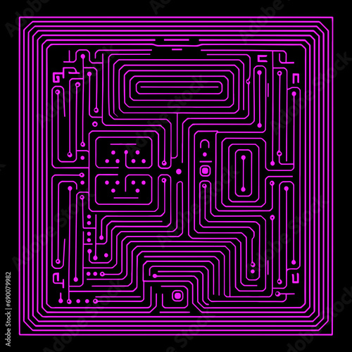 Computer processor chip on circuit board. Neon futuristic technology abstraction - microcircuit vector illustration 