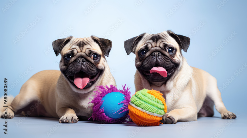 Pugs with pet toys