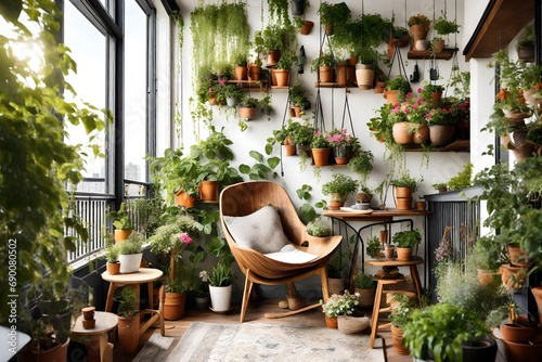 A plant-filled balcony with hanging baskets, potted flowers, and a cozy chair for enjoying the outdoors.  photo
