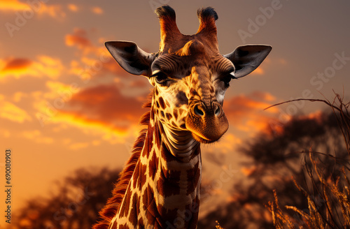 Giraffe standing in the meadow at sunset on paper. A giraffe standing in a field at sunset