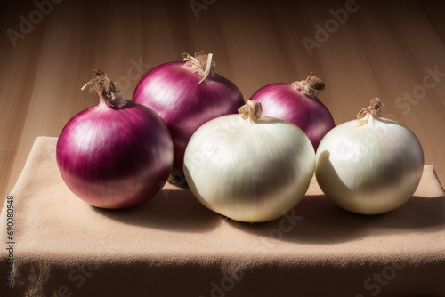 Red onions on a wooden board on a wooden background. Healthy food concept. Generative AI
